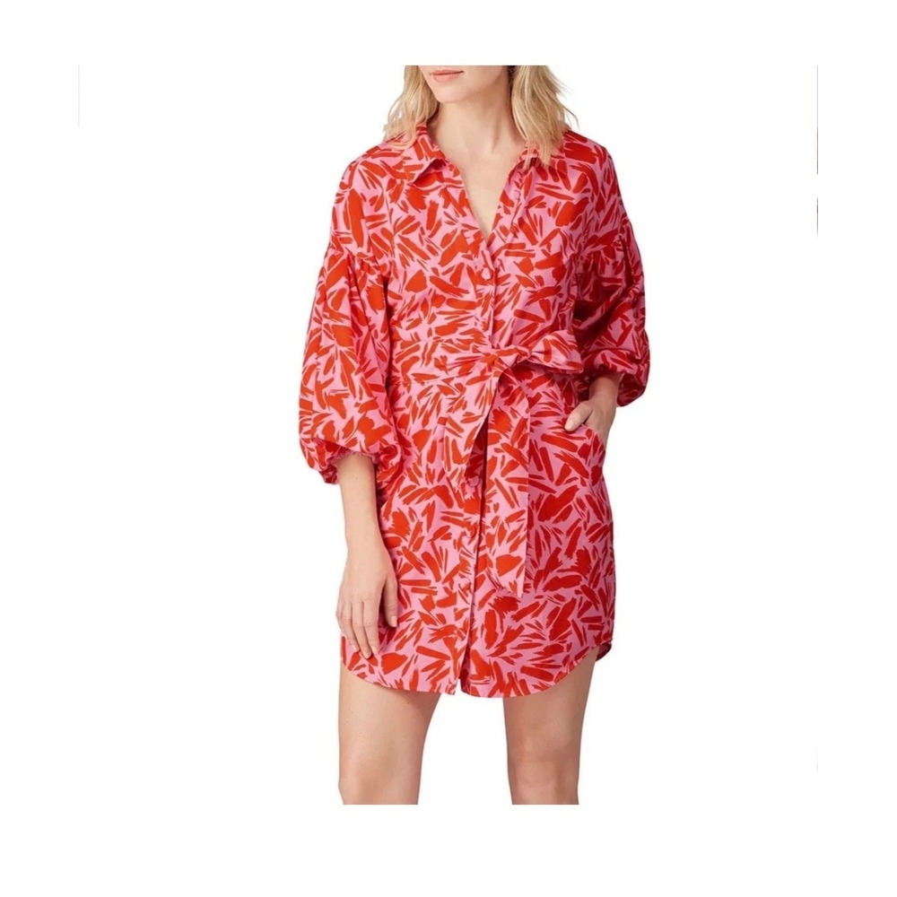 Veronica Beard Samy Red Pink Abstract Puff Sleeve Cotton Silk Shirt Dress 14